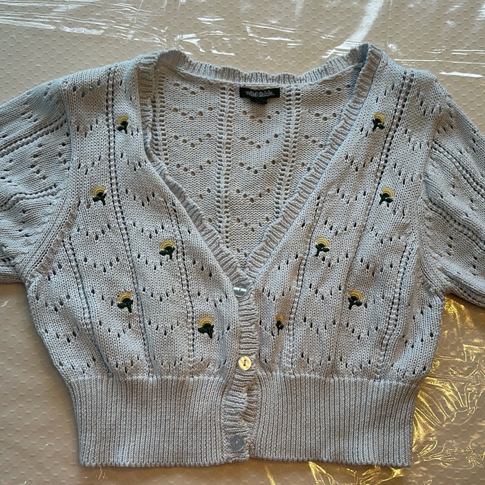 Wild fable cropped light blue dainty knit floral embroidered cardigan - Picture 3 of 13